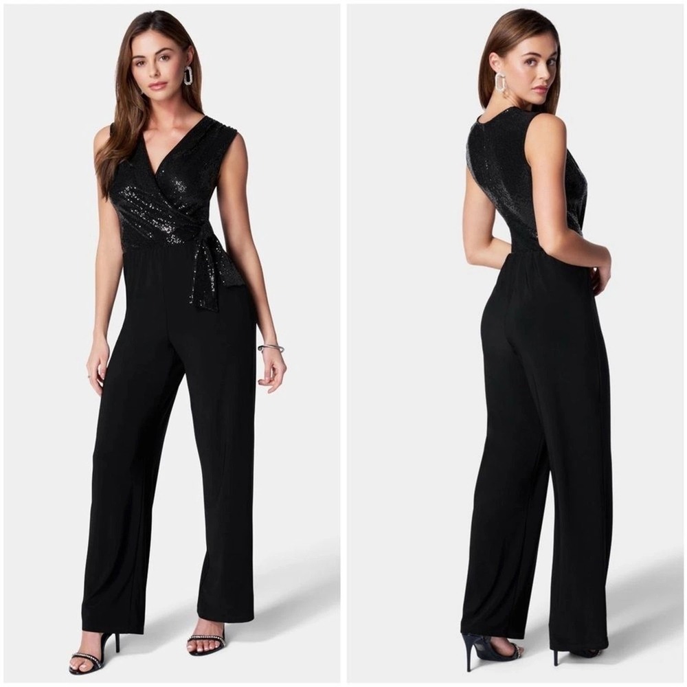 NYE Disco Bebe Sequined Sleeveless Wrap Jumpsuit Wide Leg Evening Formal M NWT